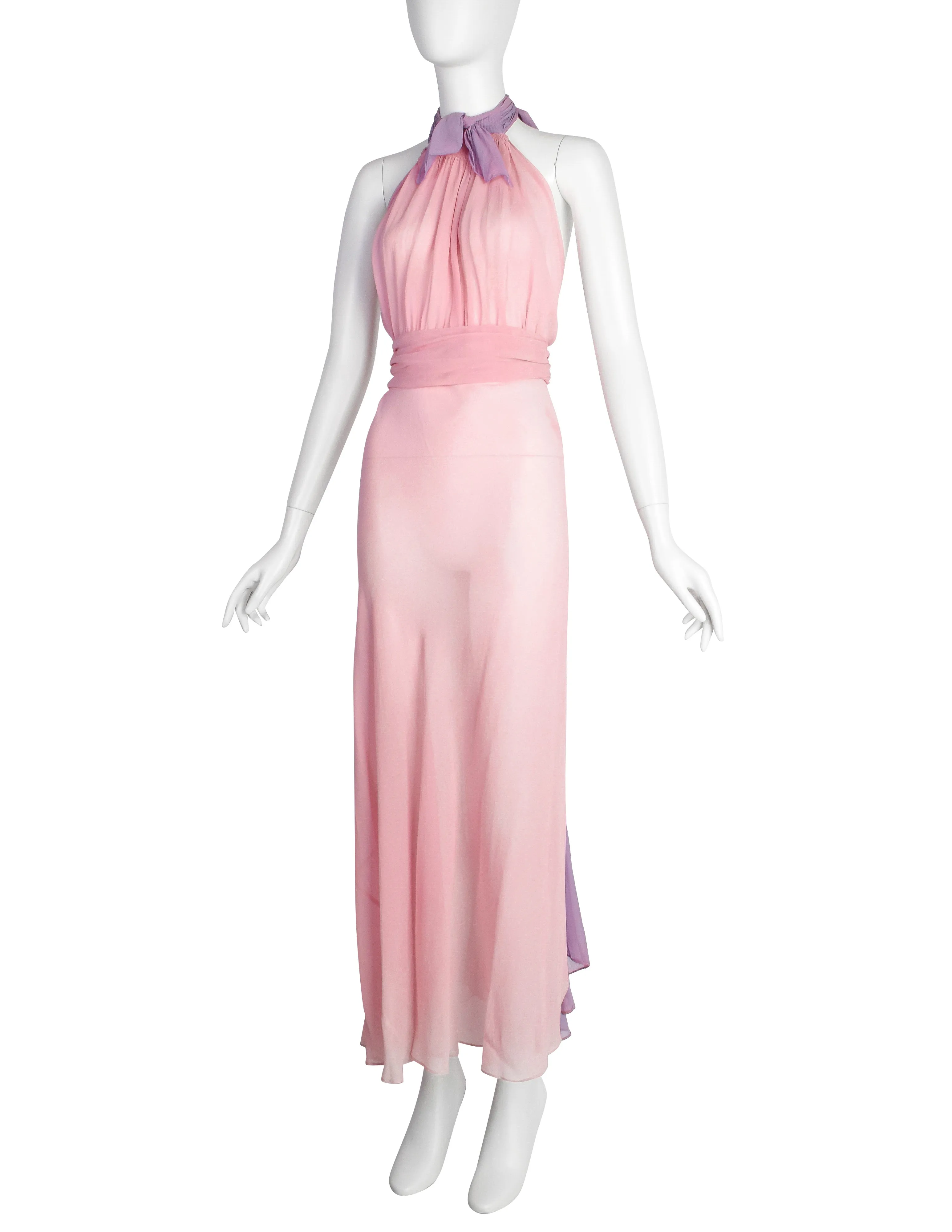 Vintage 1930s Baby Pink and Lavender Bias Silk Chiffon Halter Gown