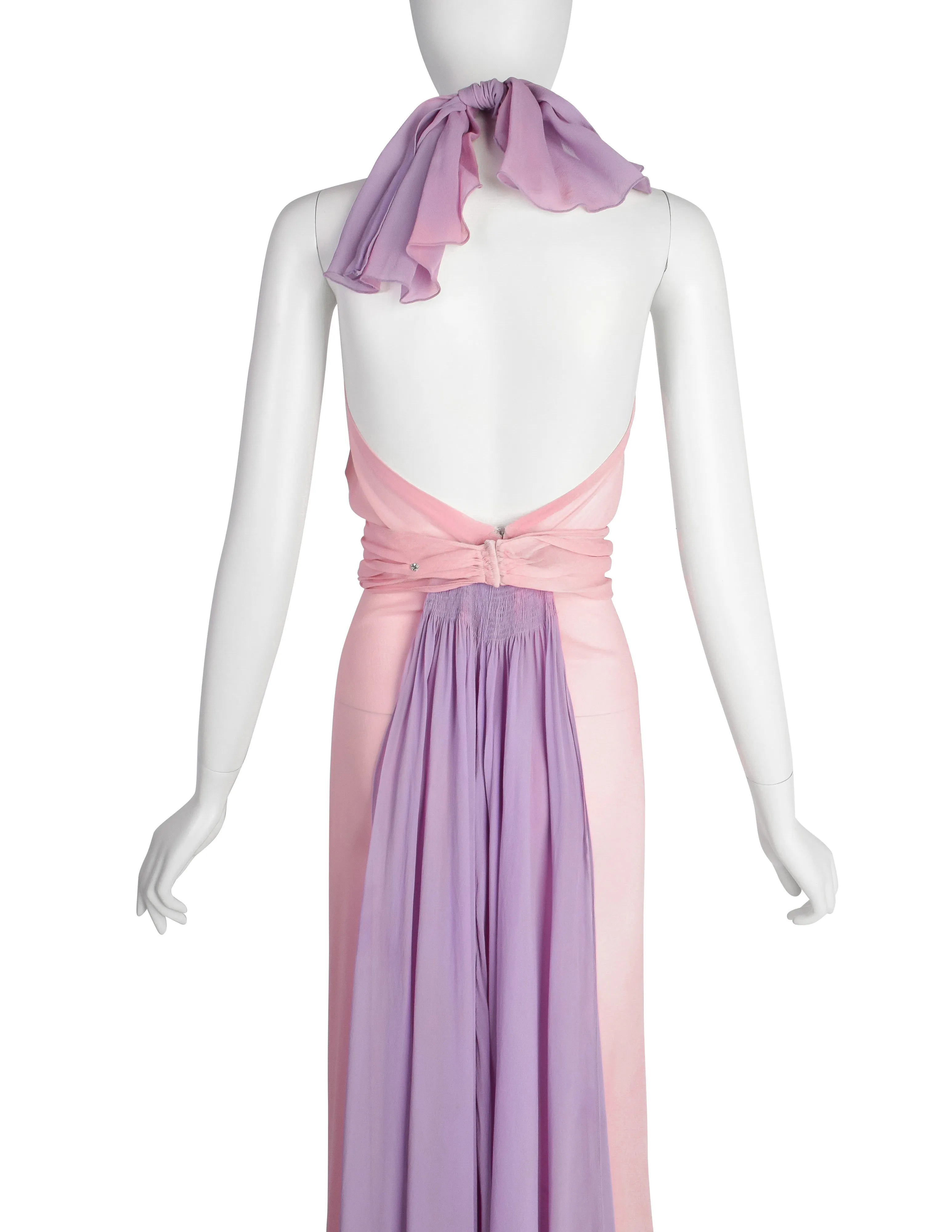 Vintage 1930s Baby Pink and Lavender Bias Silk Chiffon Halter Gown