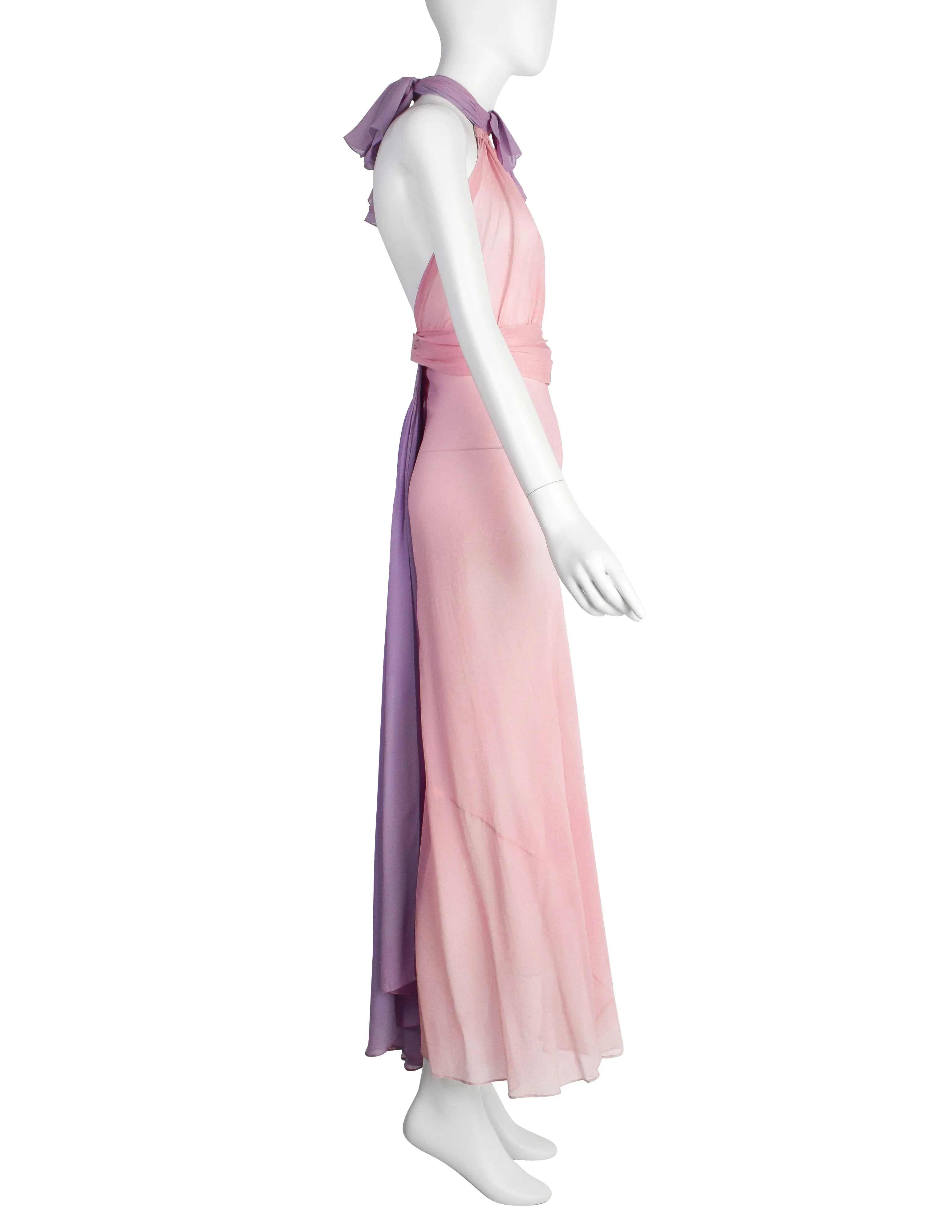 Vintage 1930s Baby Pink and Lavender Bias Silk Chiffon Halter Gown