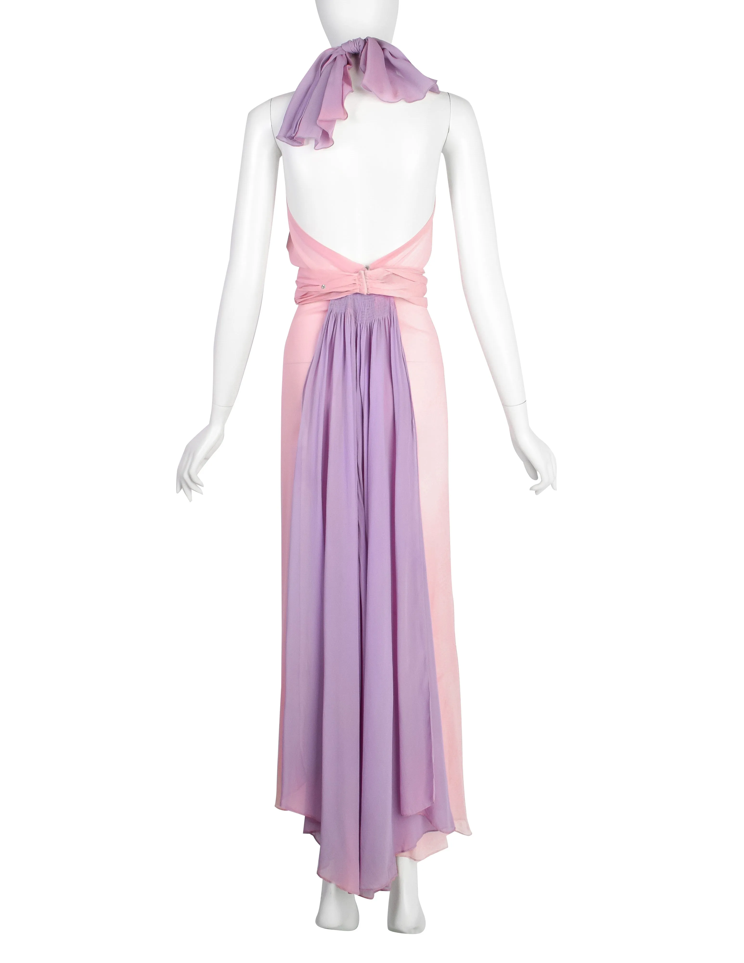 Vintage 1930s Baby Pink and Lavender Bias Silk Chiffon Halter Gown