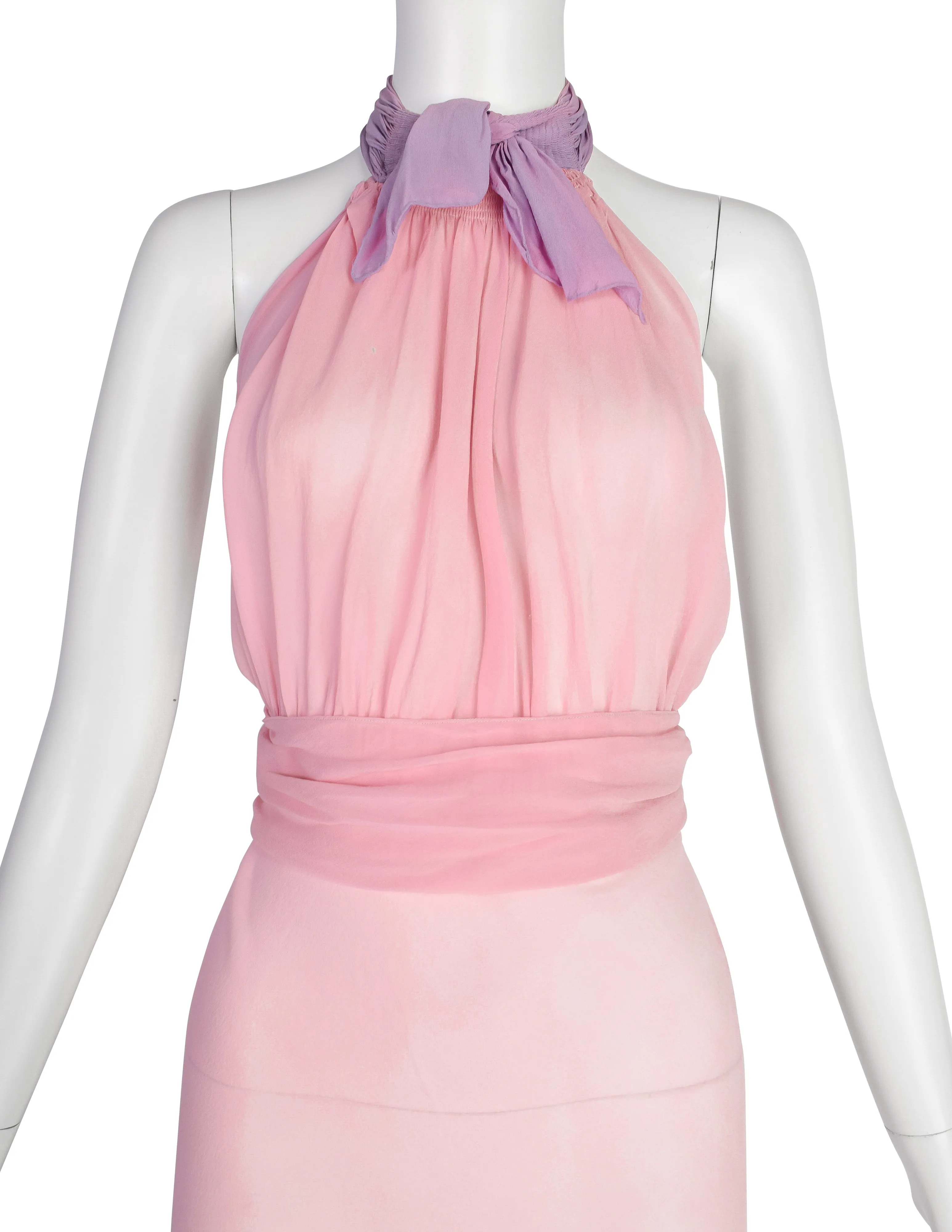 Vintage 1930s Baby Pink and Lavender Bias Silk Chiffon Halter Gown