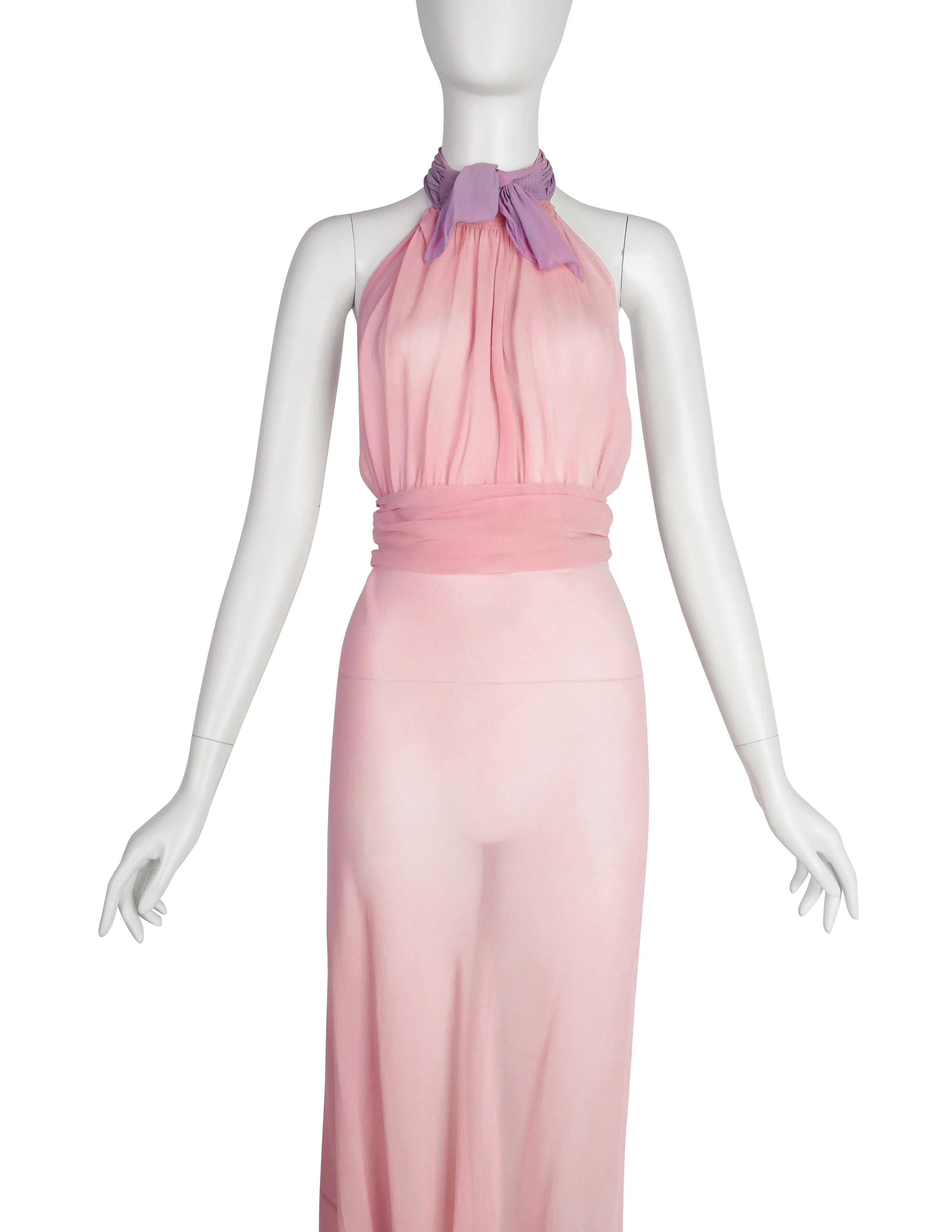 Vintage 1930s Baby Pink and Lavender Bias Silk Chiffon Halter Gown