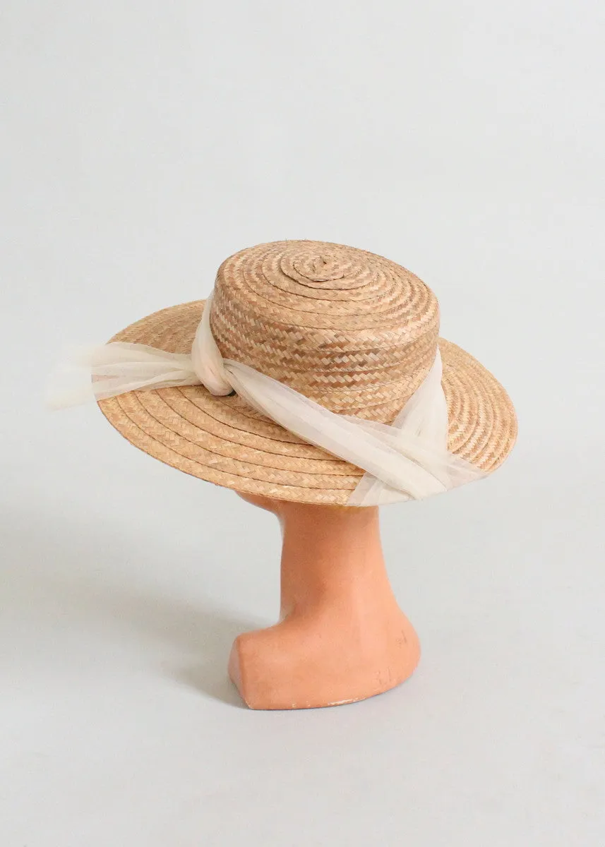 Vintage 1950s Straw Boater Hat with Wrapped Scarf