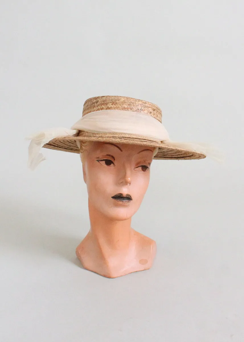 Vintage 1950s Straw Boater Hat with Wrapped Scarf