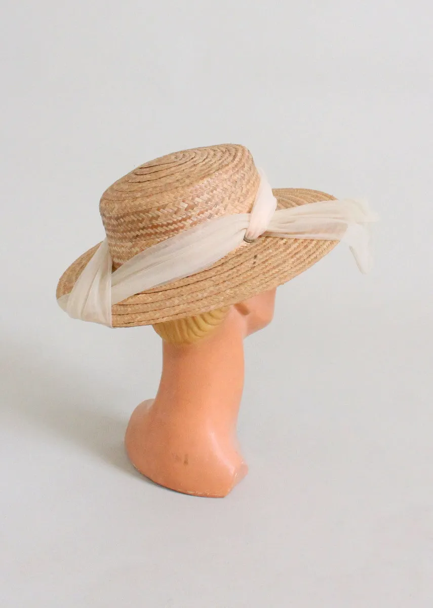 Vintage 1950s Straw Boater Hat with Wrapped Scarf