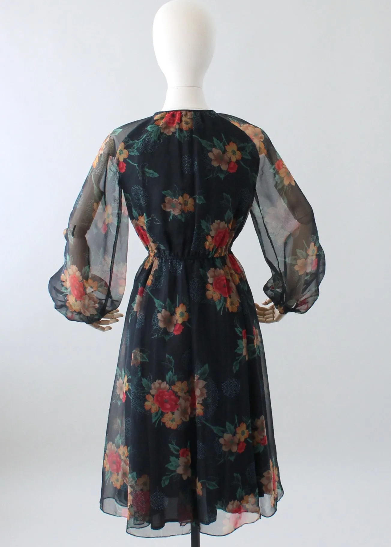 Vintage 1970s Floral Navy Chiffon Day Dress