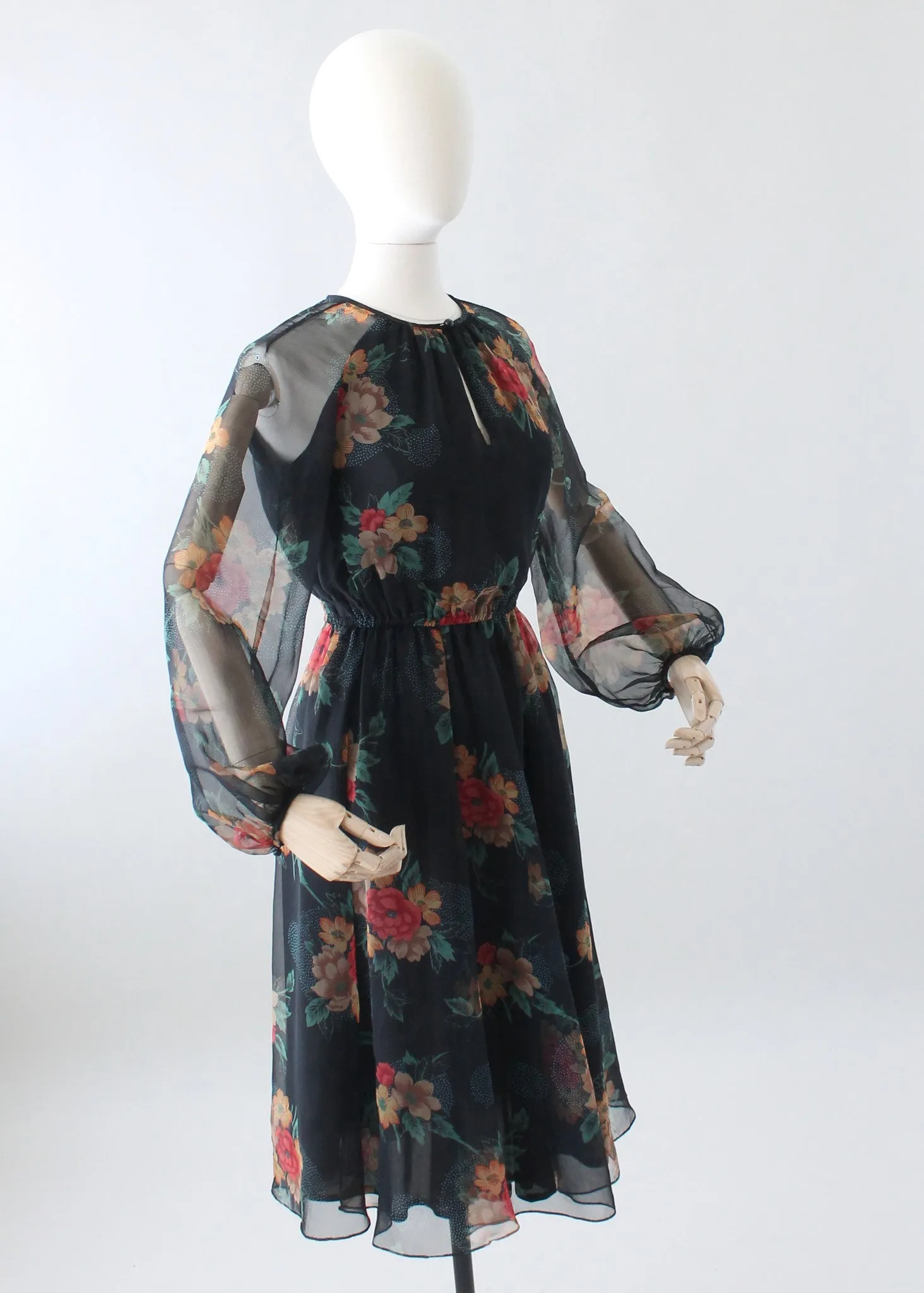 Vintage 1970s Floral Navy Chiffon Day Dress