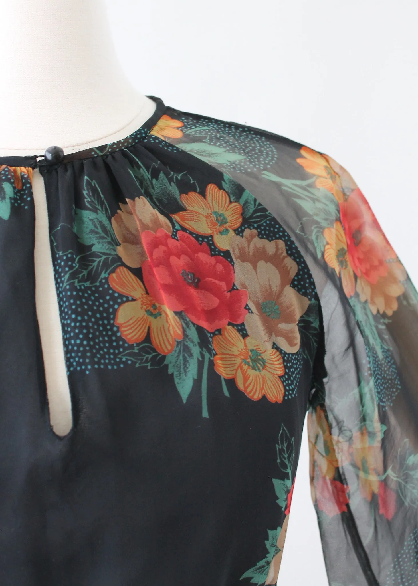 Vintage 1970s Floral Navy Chiffon Day Dress