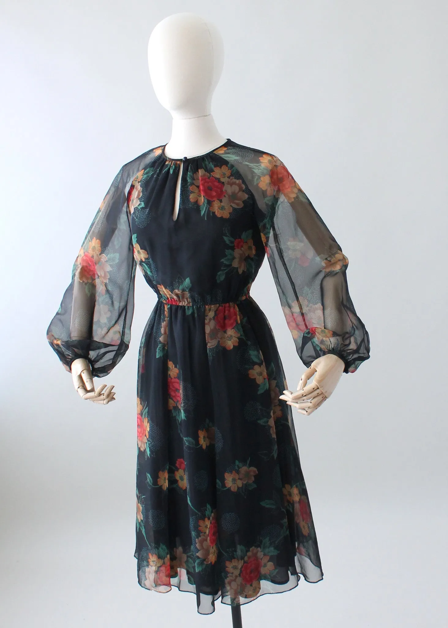 Vintage 1970s Floral Navy Chiffon Day Dress