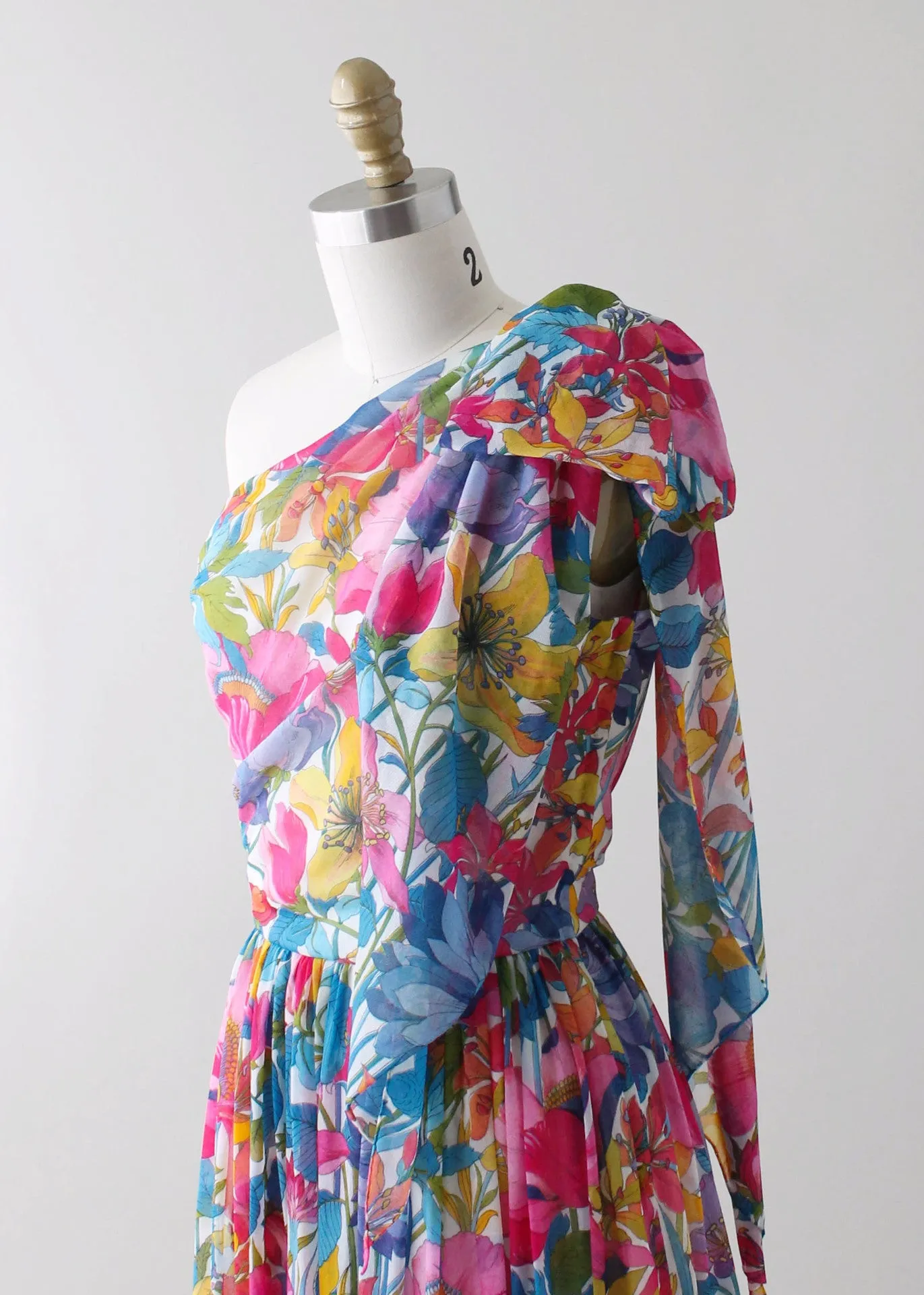 Vintage 1970s One Shoulder Floral Chiffon Summer Dress