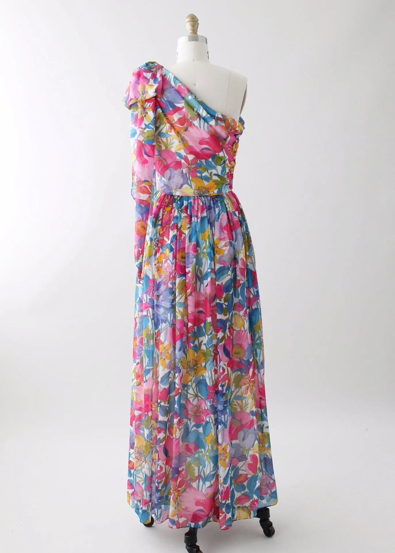 Vintage 1970s One Shoulder Floral Chiffon Summer Dress