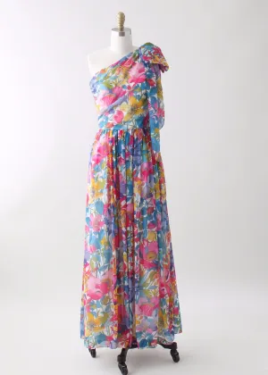 Vintage 1970s One Shoulder Floral Chiffon Summer Dress