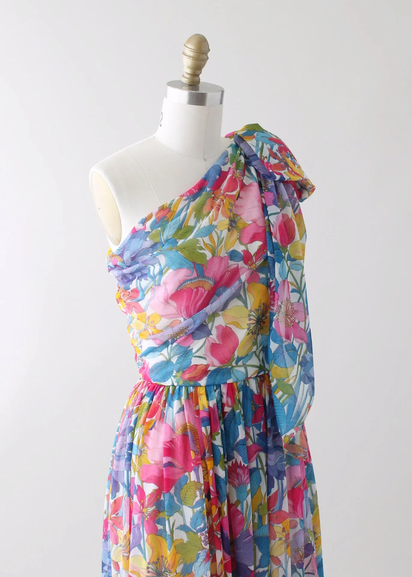 Vintage 1970s One Shoulder Floral Chiffon Summer Dress