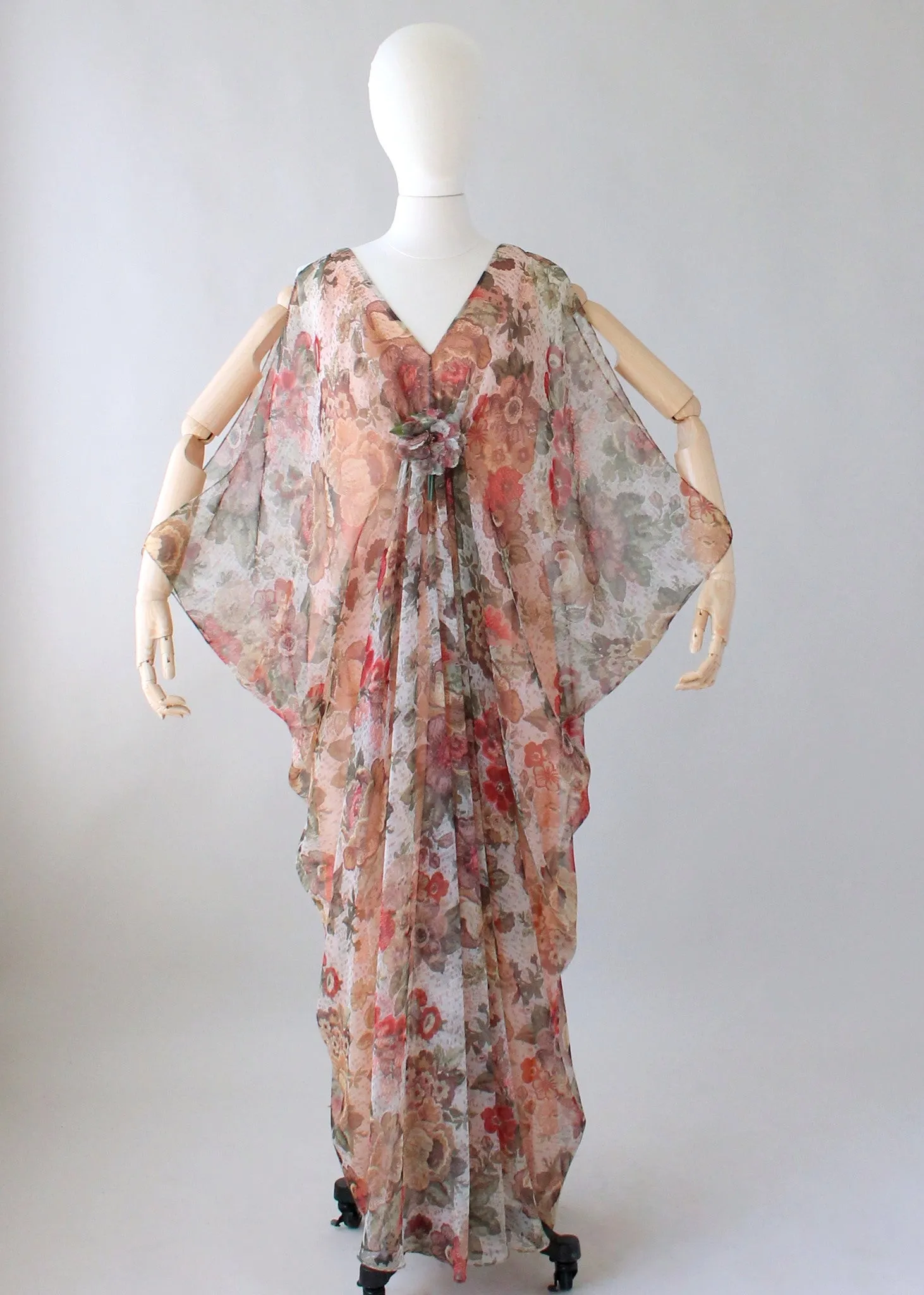 Vintage 1970s Open Sleeve Floral Chiffon Caftan Dress