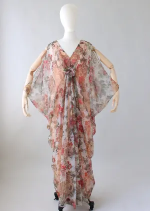 Vintage 1970s Open Sleeve Floral Chiffon Caftan Dress