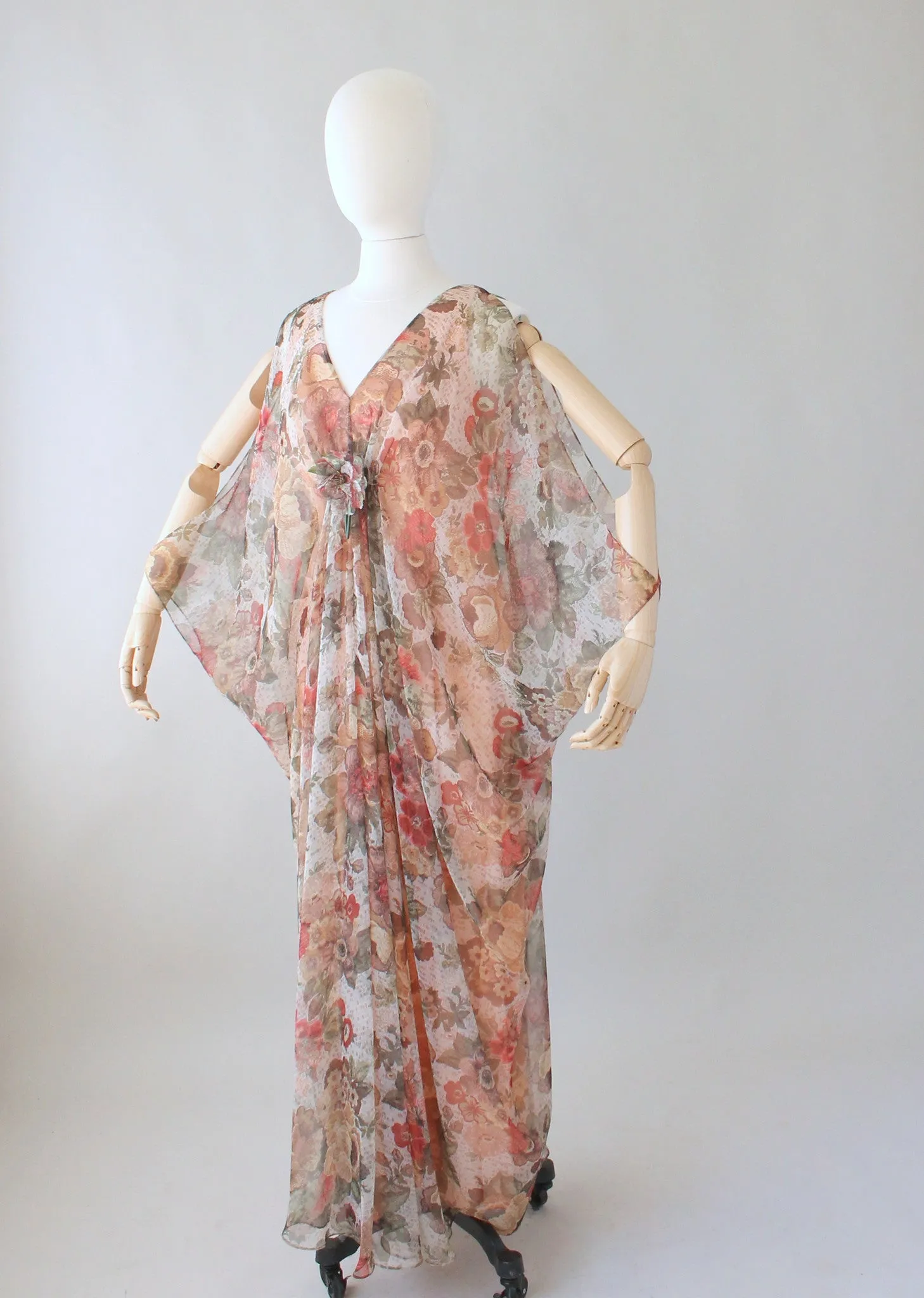 Vintage 1970s Open Sleeve Floral Chiffon Caftan Dress