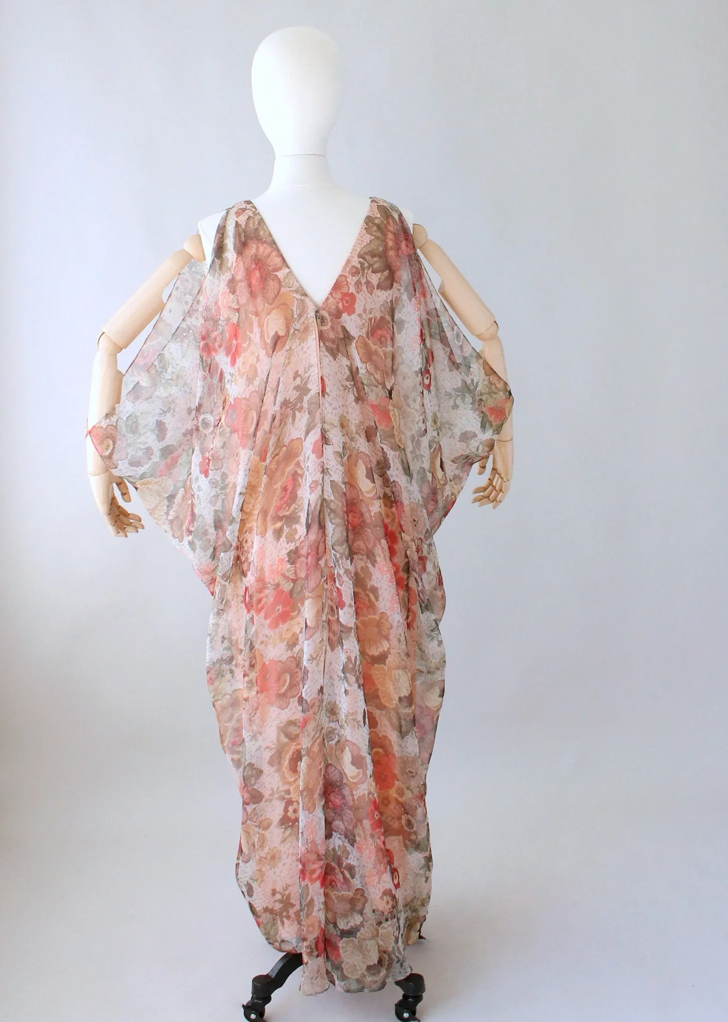 Vintage 1970s Open Sleeve Floral Chiffon Caftan Dress