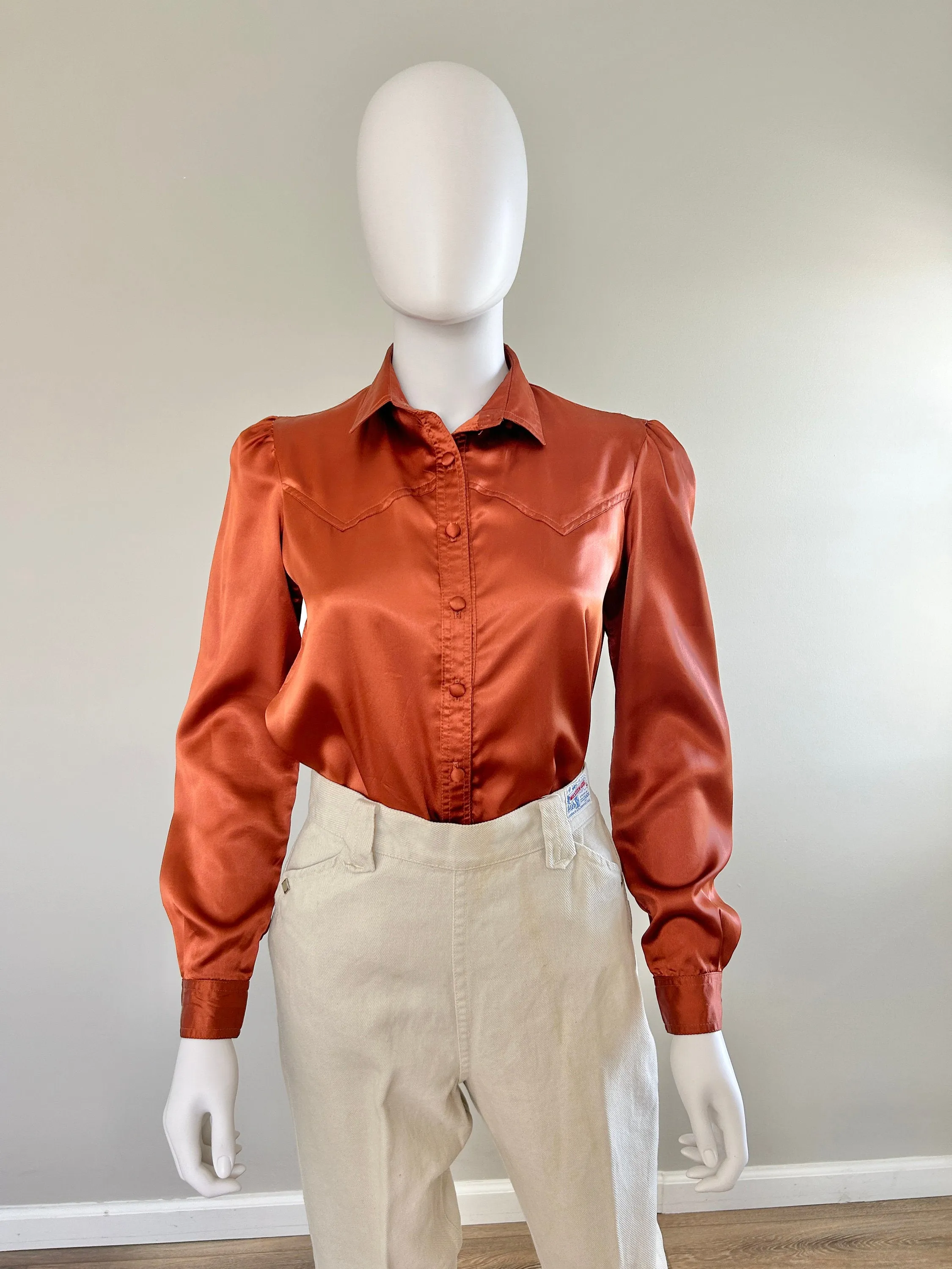 Vintage 1970s Satin Western Blouse / 70s retro terra cotta top / Size XS S