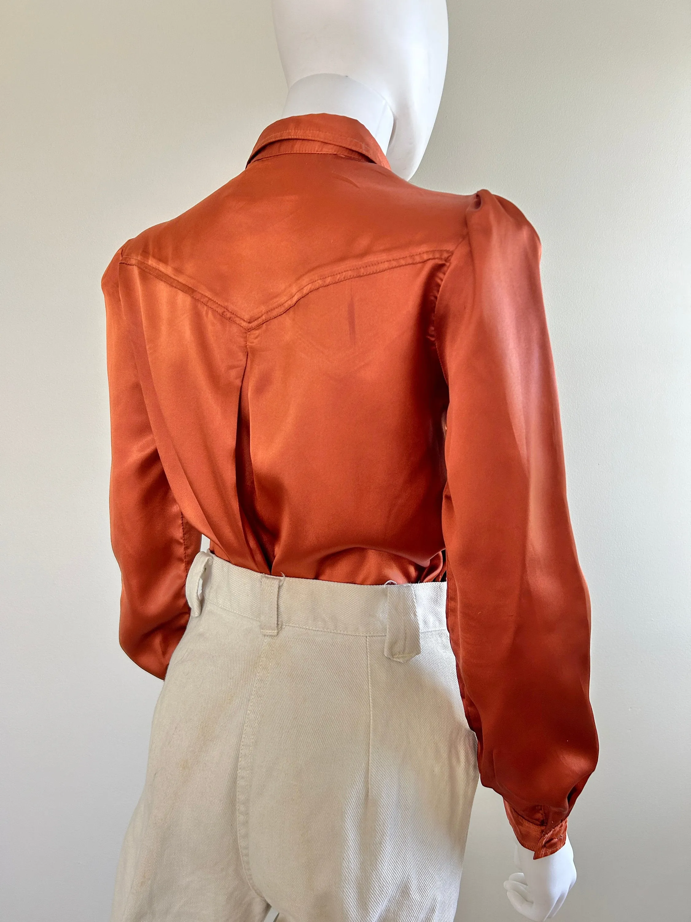 Vintage 1970s Satin Western Blouse / 70s retro terra cotta top / Size XS S