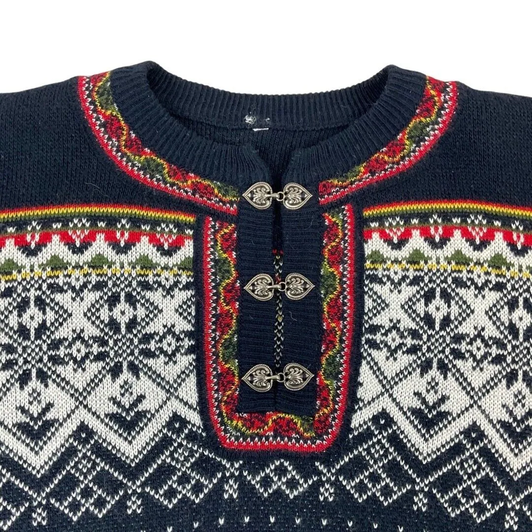 Vintage 80s 90s Navy White Scandinavian Icelandic Patterned Knit Jumper L