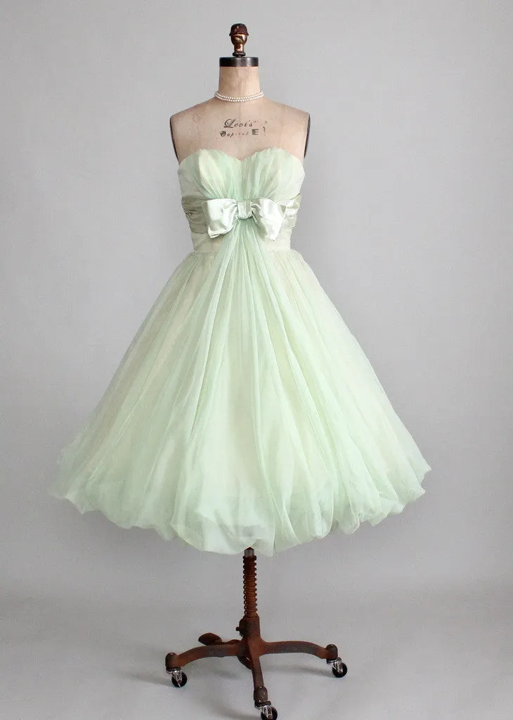 Vintage Early 1960s Minty Green Strapless Prom Dress