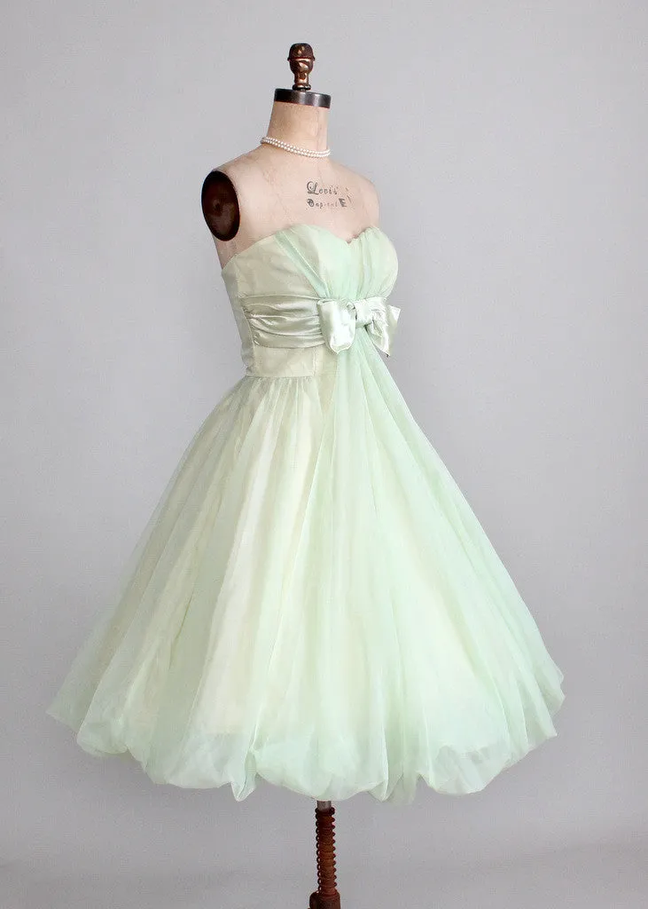 Vintage Early 1960s Minty Green Strapless Prom Dress