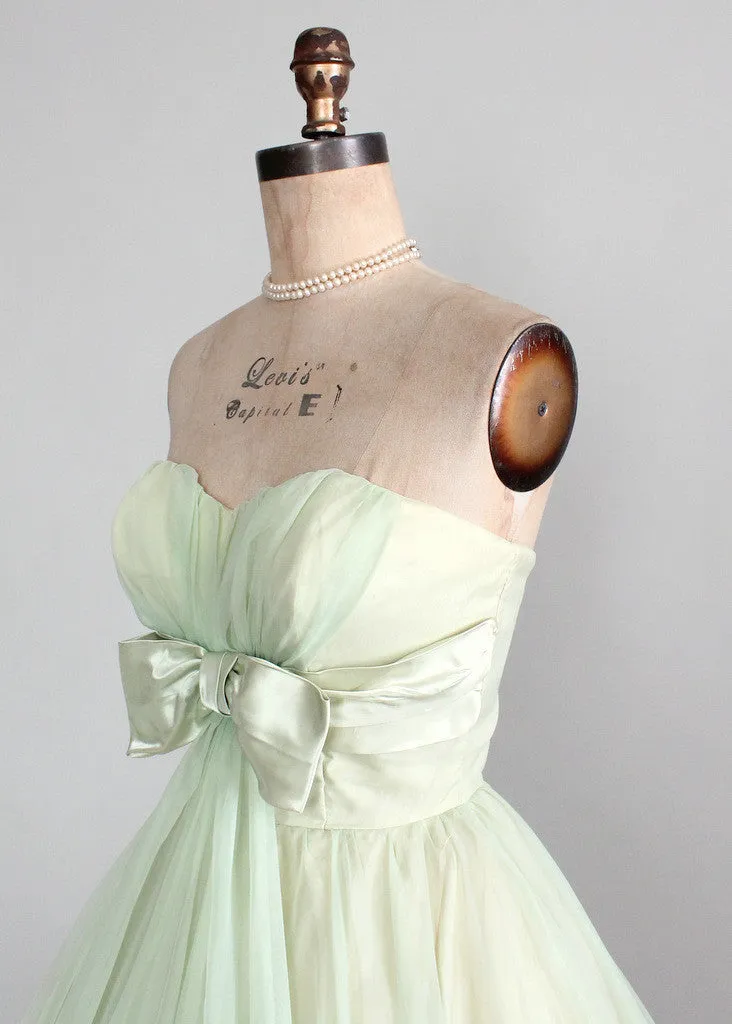 Vintage Early 1960s Minty Green Strapless Prom Dress