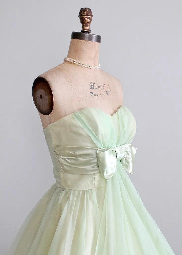 Vintage Early 1960s Minty Green Strapless Prom Dress