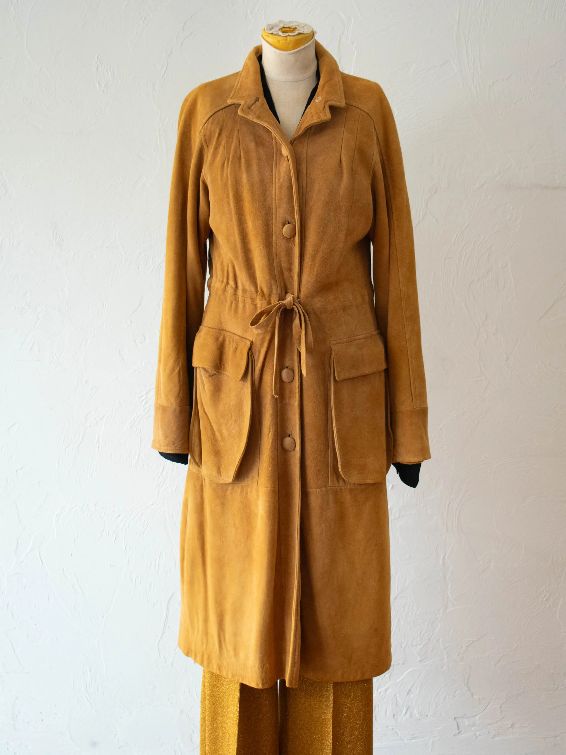 Vintage Lady Skully Caramel Suede Leather Trench Coat M