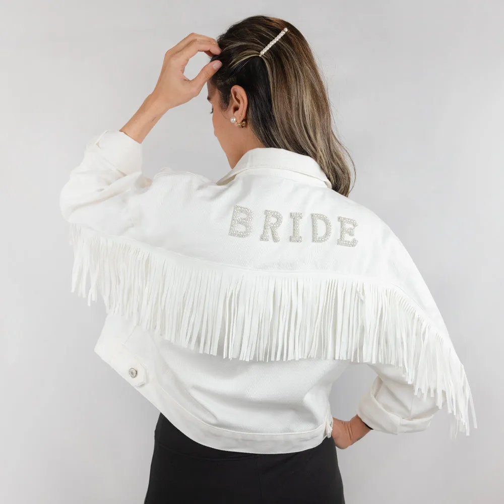 (White Fringe) Bride Patch White Fringe Denim Jacket