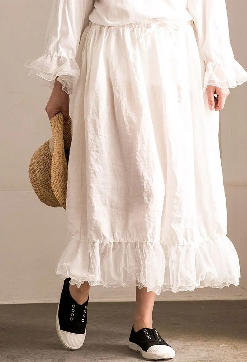 White Joining together Elastic Waist Chiffon linen Skirt Women Clothes Q291BG