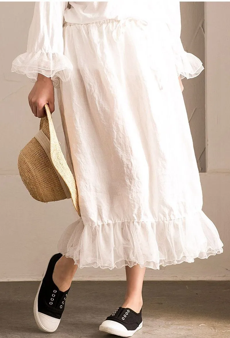 White Joining together Elastic Waist Chiffon linen Skirt Women Clothes Q291BG