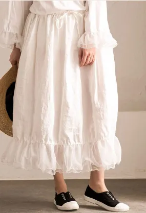 White Joining together Elastic Waist Chiffon linen Skirt Women Clothes Q291BG