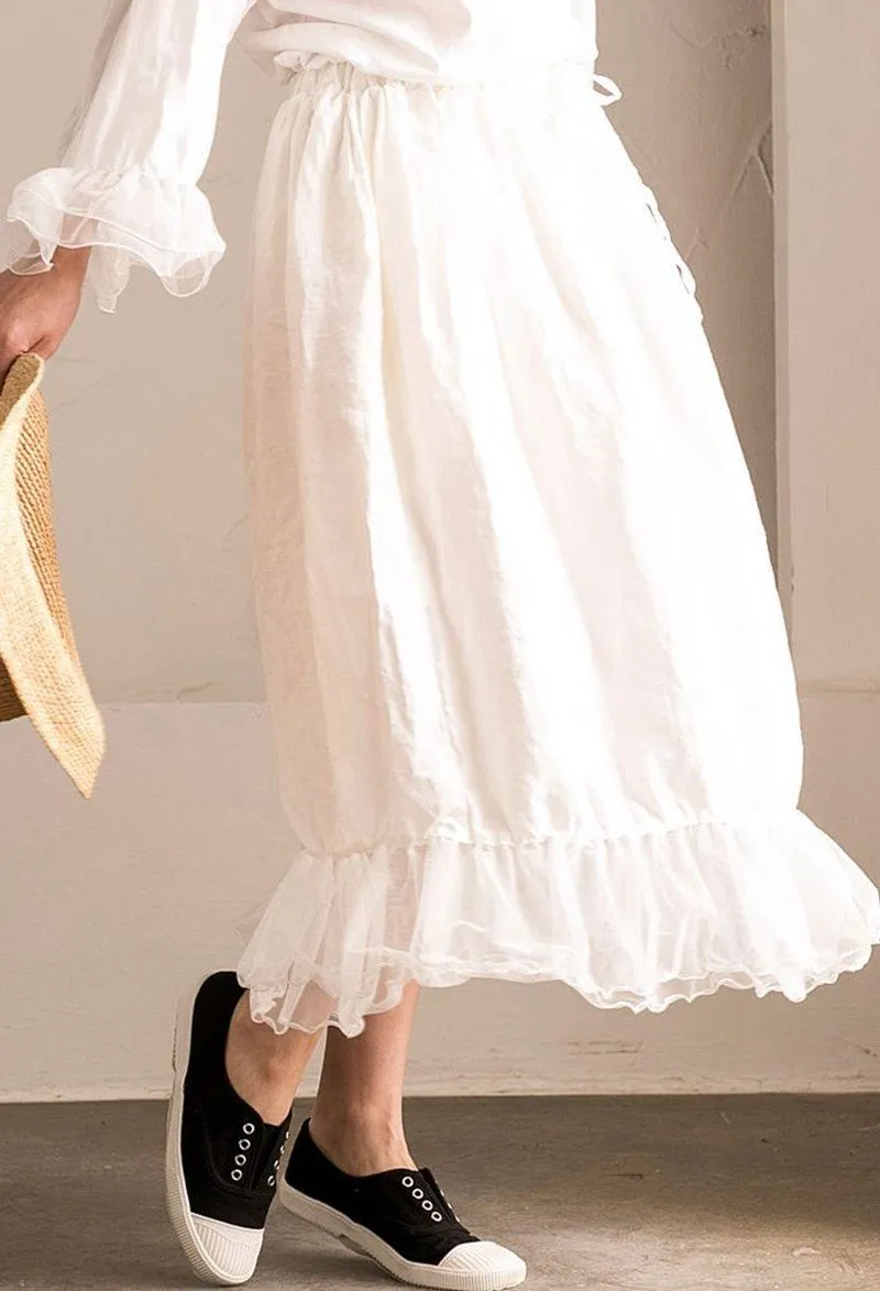 White Joining together Elastic Waist Chiffon linen Skirt Women Clothes Q291BG