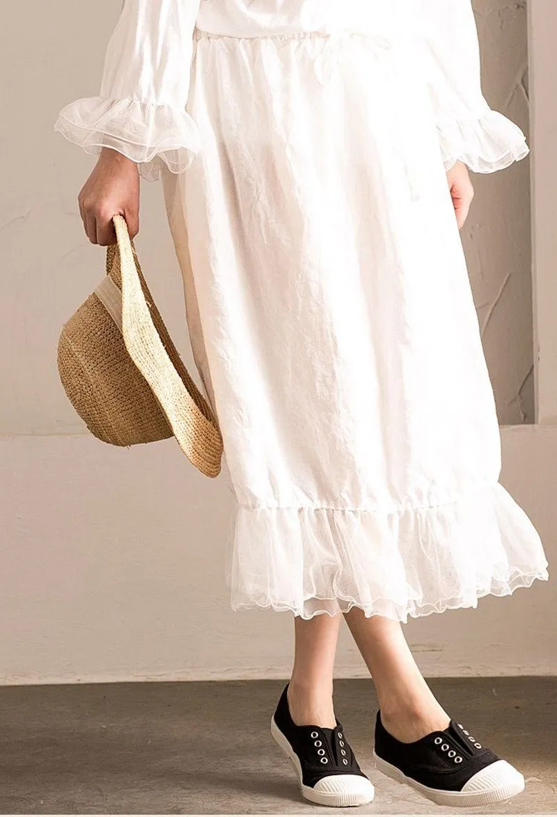 White Joining together Elastic Waist Chiffon linen Skirt Women Clothes Q291BG