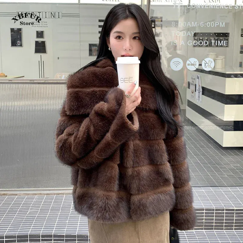 Winter Coats Woman 2024 Ins Hot Fashion Girls Fluffy Jacket Faux Fur Coat Women Thick Warm Outerwear Fluffy Faux Mink Fur Jacket