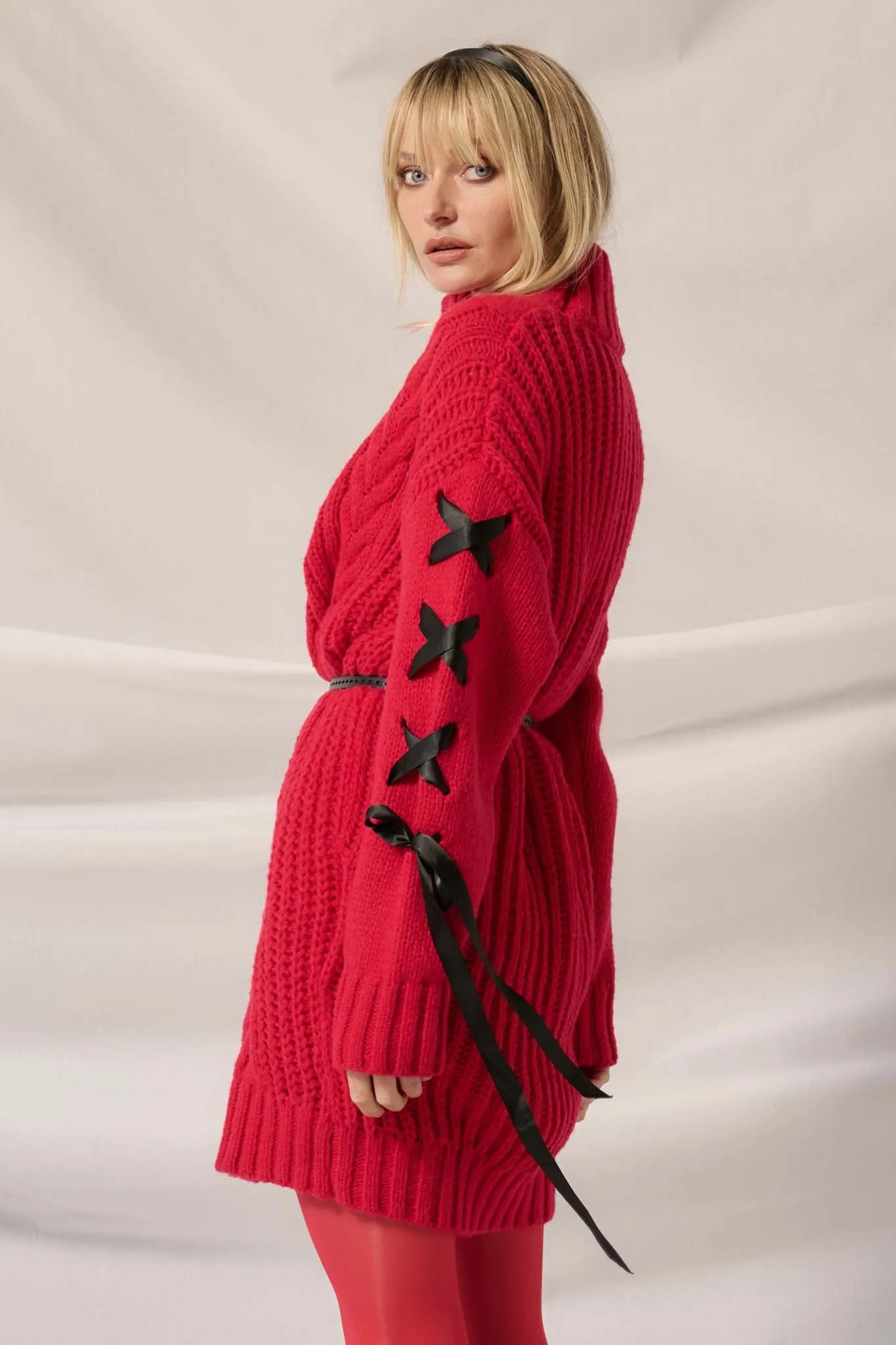 With a Kiss Ribbon-Sleeve Turtleneck Sweater Dress