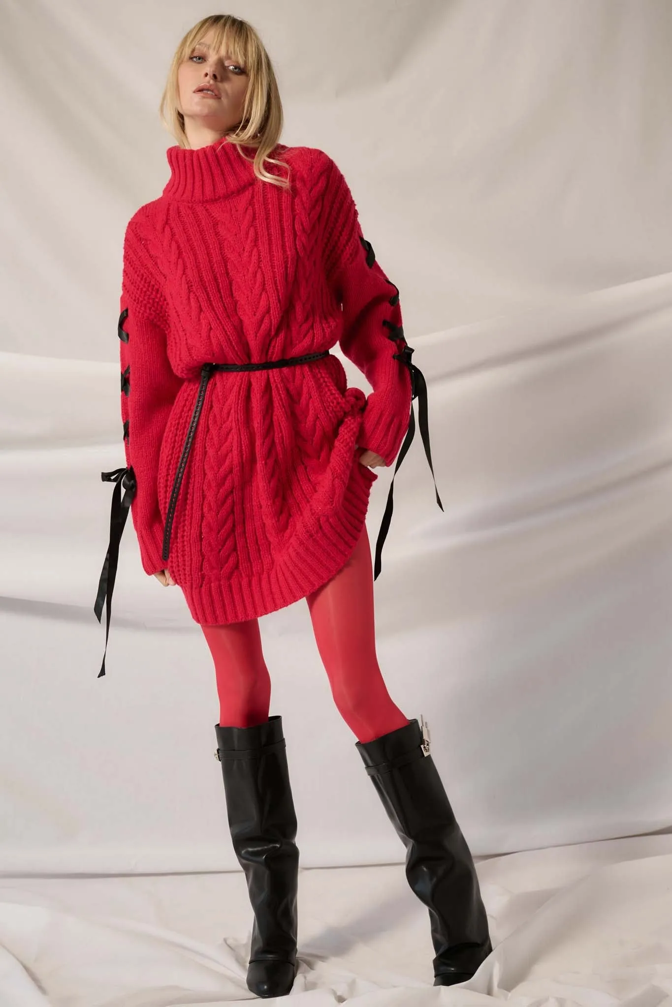 With a Kiss Ribbon-Sleeve Turtleneck Sweater Dress