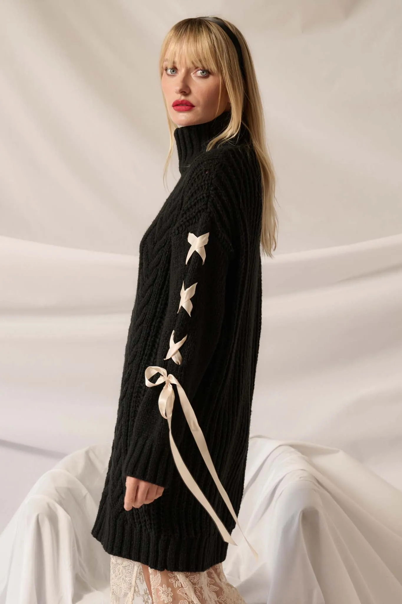 With a Kiss Ribbon-Sleeve Turtleneck Sweater Dress