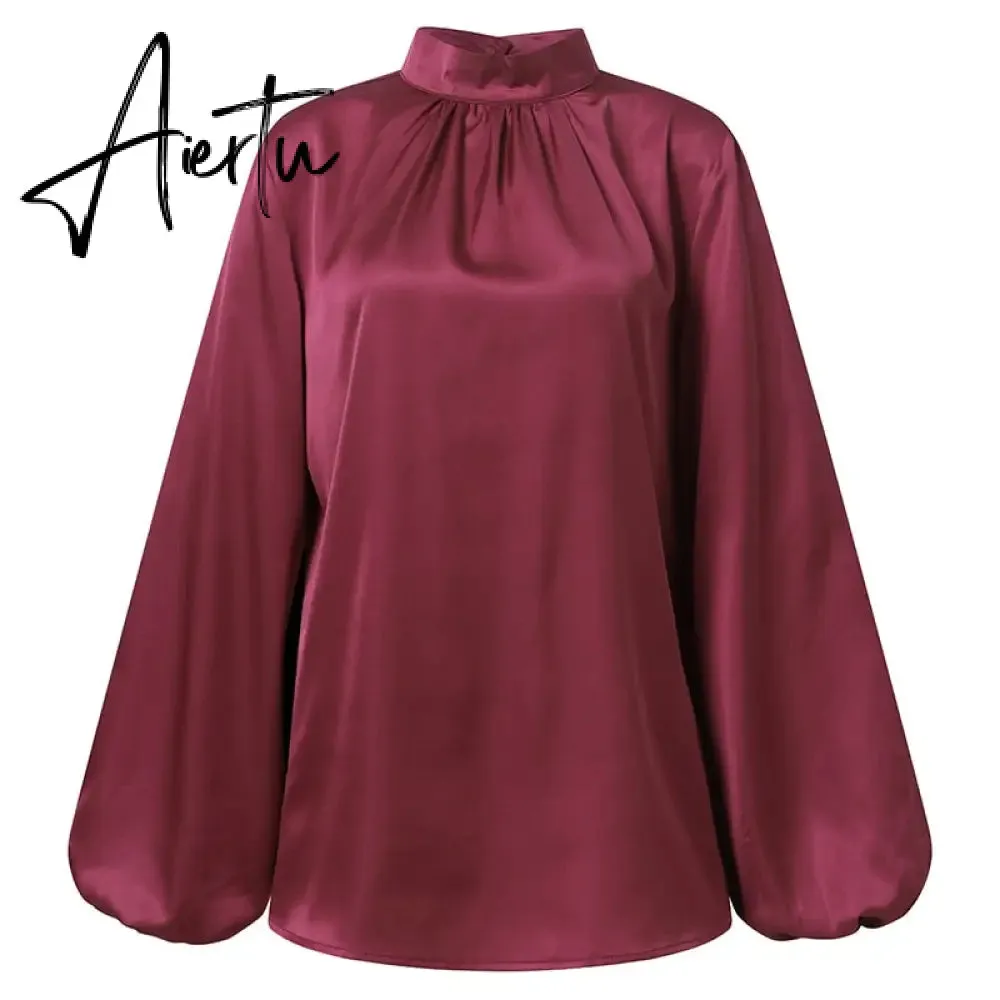 Women Fashion Satin Blouse Lantern Long Sleeve Shirts Autumn Elegant High Collar Casual Party Tunic Tops Streetwear