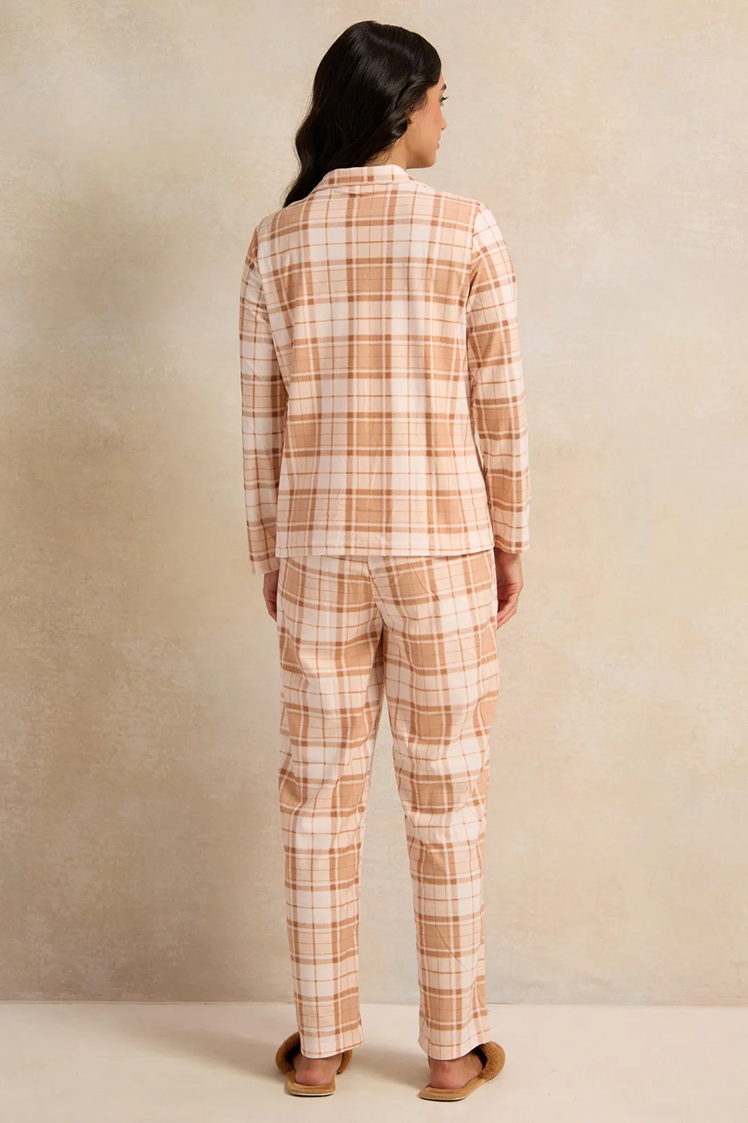 Women Orange Checkered  Pajama Set (2 Piece)