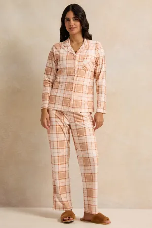 Women Orange Checkered  Pajama Set (2 Piece)