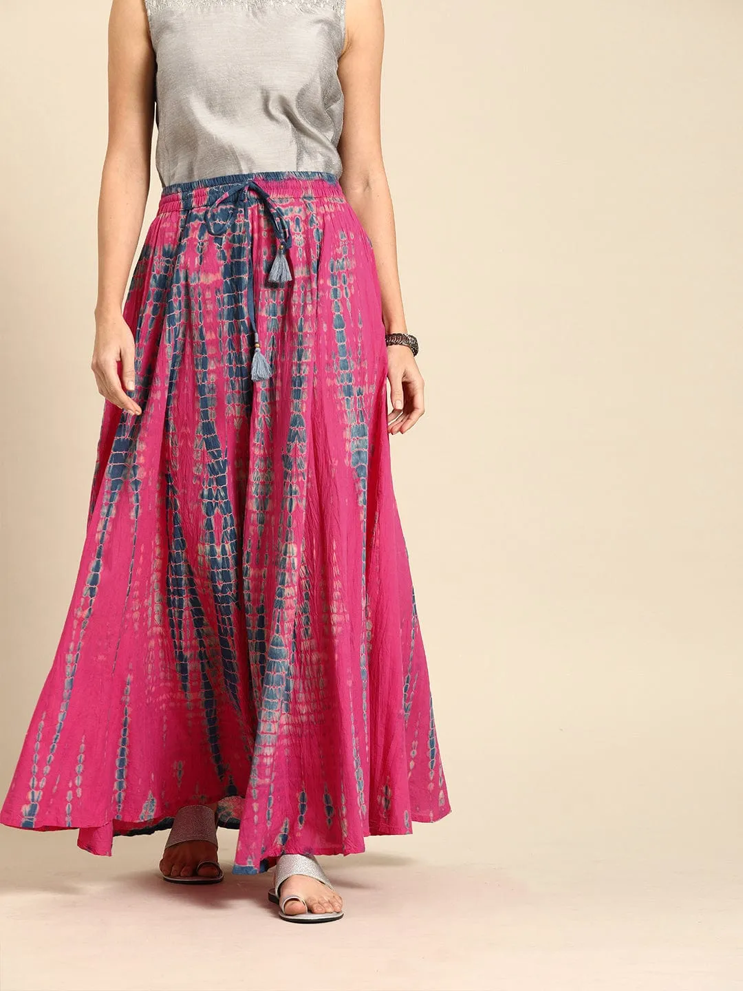 Women Pink and Blue Dyed Maxi Flared Skirt