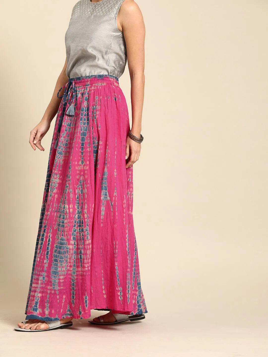 Women Pink and Blue Dyed Maxi Flared Skirt