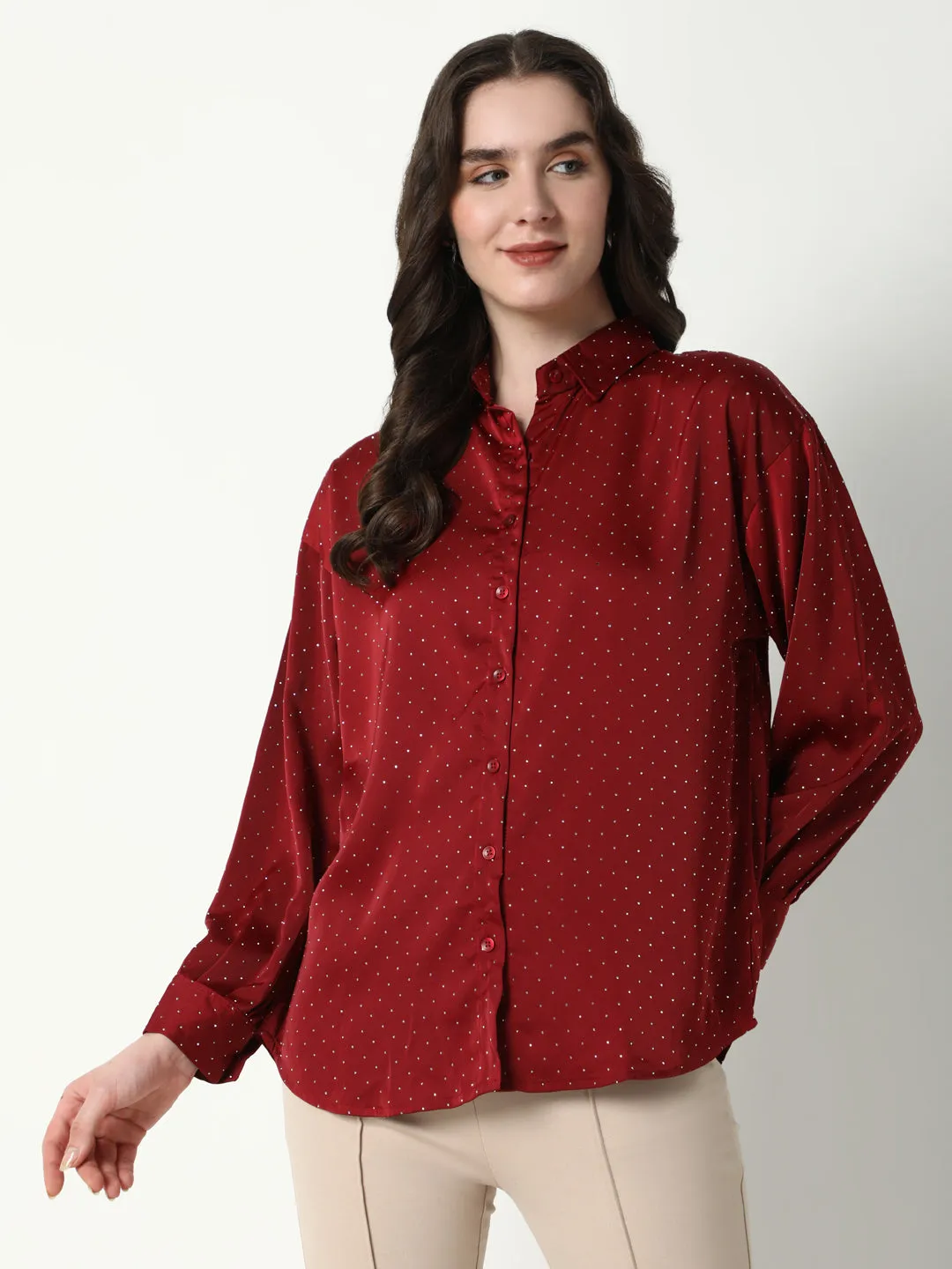 Women Red Solid Oversized Shirt