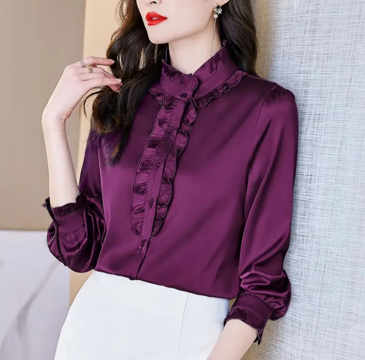 Women Satin Shirt Ruffles Turtleneck Long Sleeve S S4710736