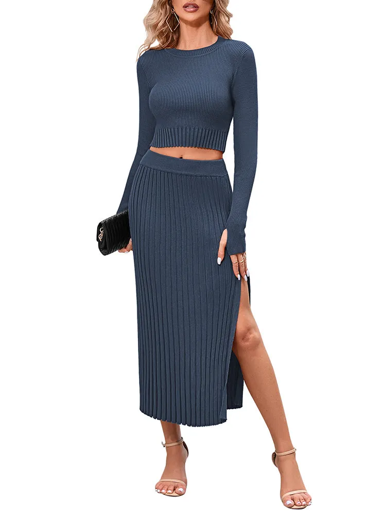 Women's Crop Top Split Bodycon Midi Skirt Fall Sweater Dresses