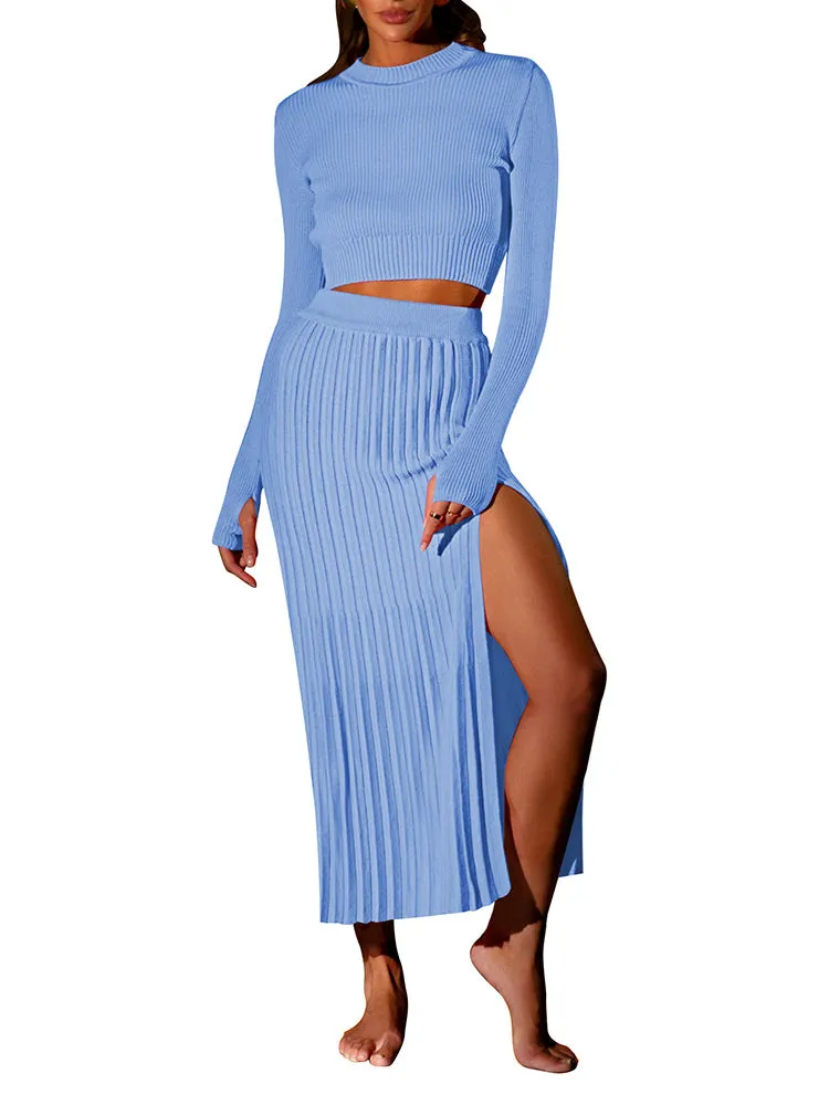 Women's Crop Top Split Bodycon Midi Skirt Fall Sweater Dresses