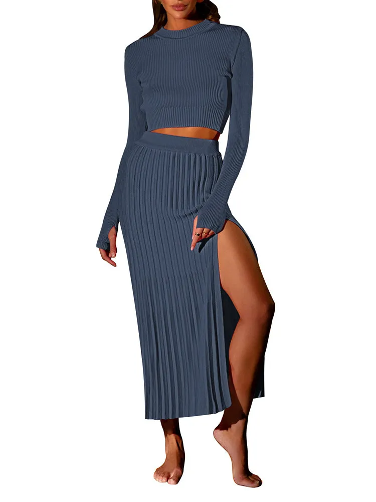 Women's Crop Top Split Bodycon Midi Skirt Fall Sweater Dresses