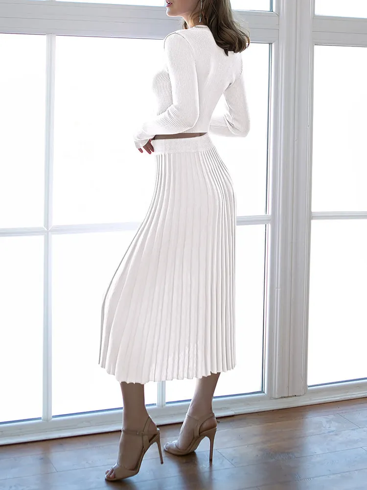 Women's Crop Top Split Bodycon Midi Skirt Fall Sweater Dresses